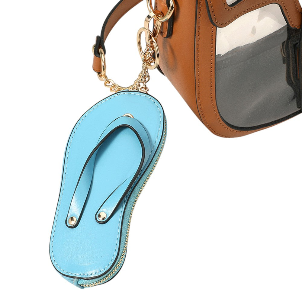 Black Faux Leather Flip-flop Mini Wristlet Bag Charm Coin Purse offers a convenient and stylish way to carry your essentials. Made from durable faux leather, this mini wristlet bag doubles as a charm for your larger bag. Keep your coins, keys, or credit cards easily accessible with this sleek and functional accessory.