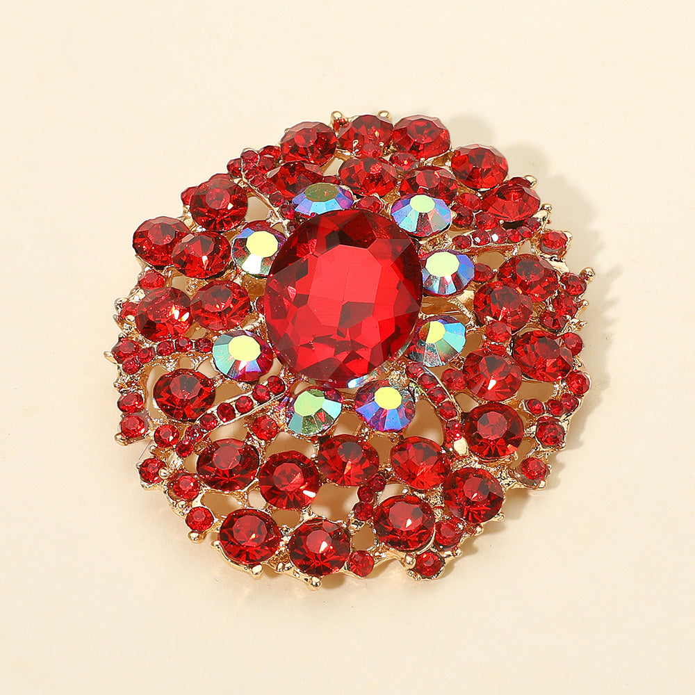 Madeline Love Gold, Red Oval Center Stone Accent Rhinestone Embellished Statement Pin Brooch - Brooches