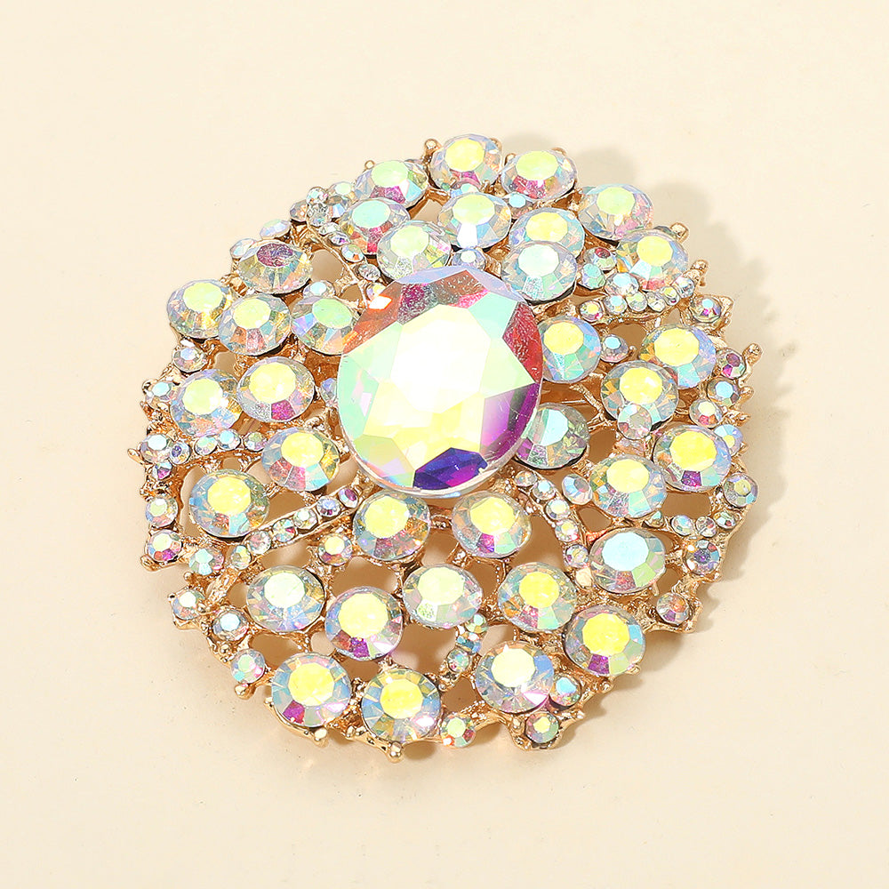 Madeline Love AB, Gold Oval Center Stone Accent Rhinestone Embellished Statement Pin Brooch - Brooches