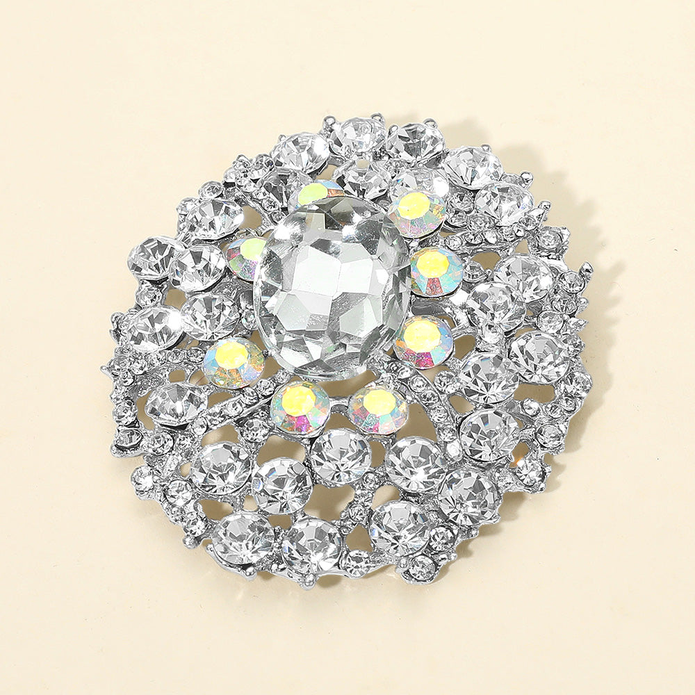 Madeline Love Clear, Silver Oval Center Stone Accent Rhinestone Embellished Statement Pin Brooch - Brooches