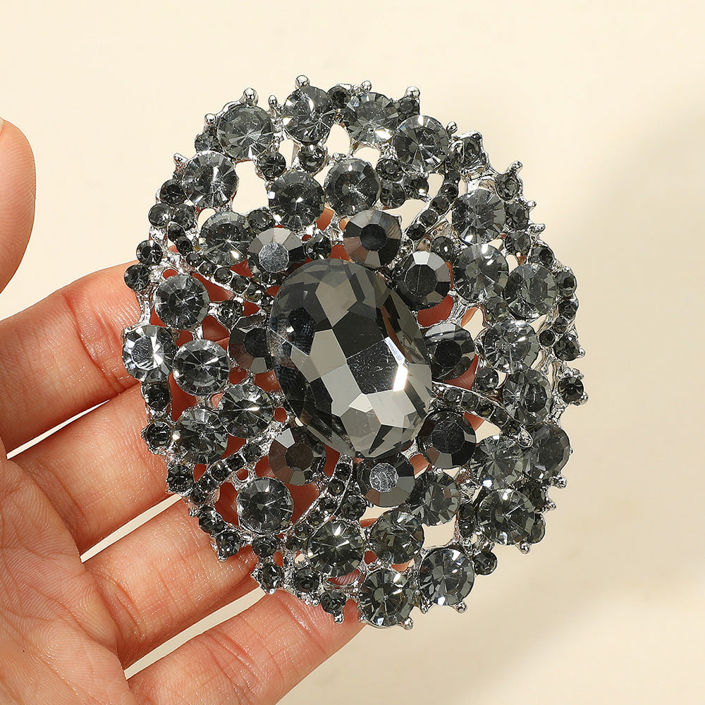 Madeline Love Jet Black, Silver Oval Center Stone Accent Rhinestone Embellished Statement Pin Brooch - Brooches