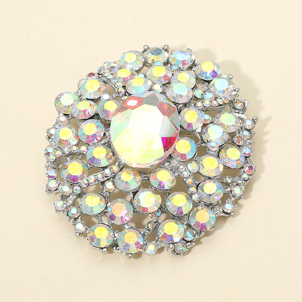 Madeline Love AB, Silver Oval Center Stone Accent Rhinestone Embellished Statement Pin Brooch - Brooches