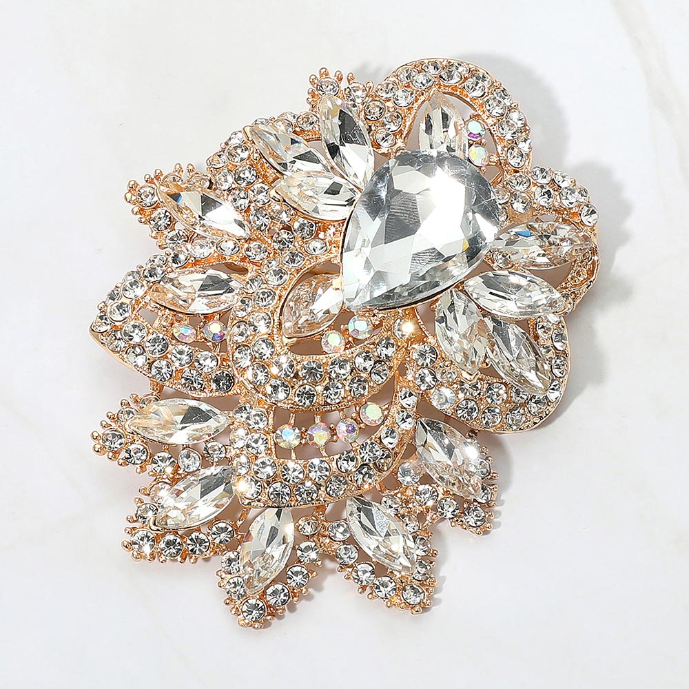 Madeline Love Clear, Gold Bold Rhinestone Flower Statement Brooch Pendant - Brooches