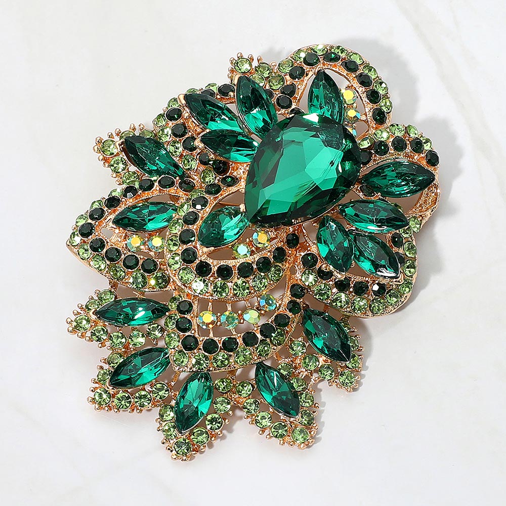 Madeline Love Gold, Green Bold Rhinestone Flower Statement Brooch Pendant - Brooches