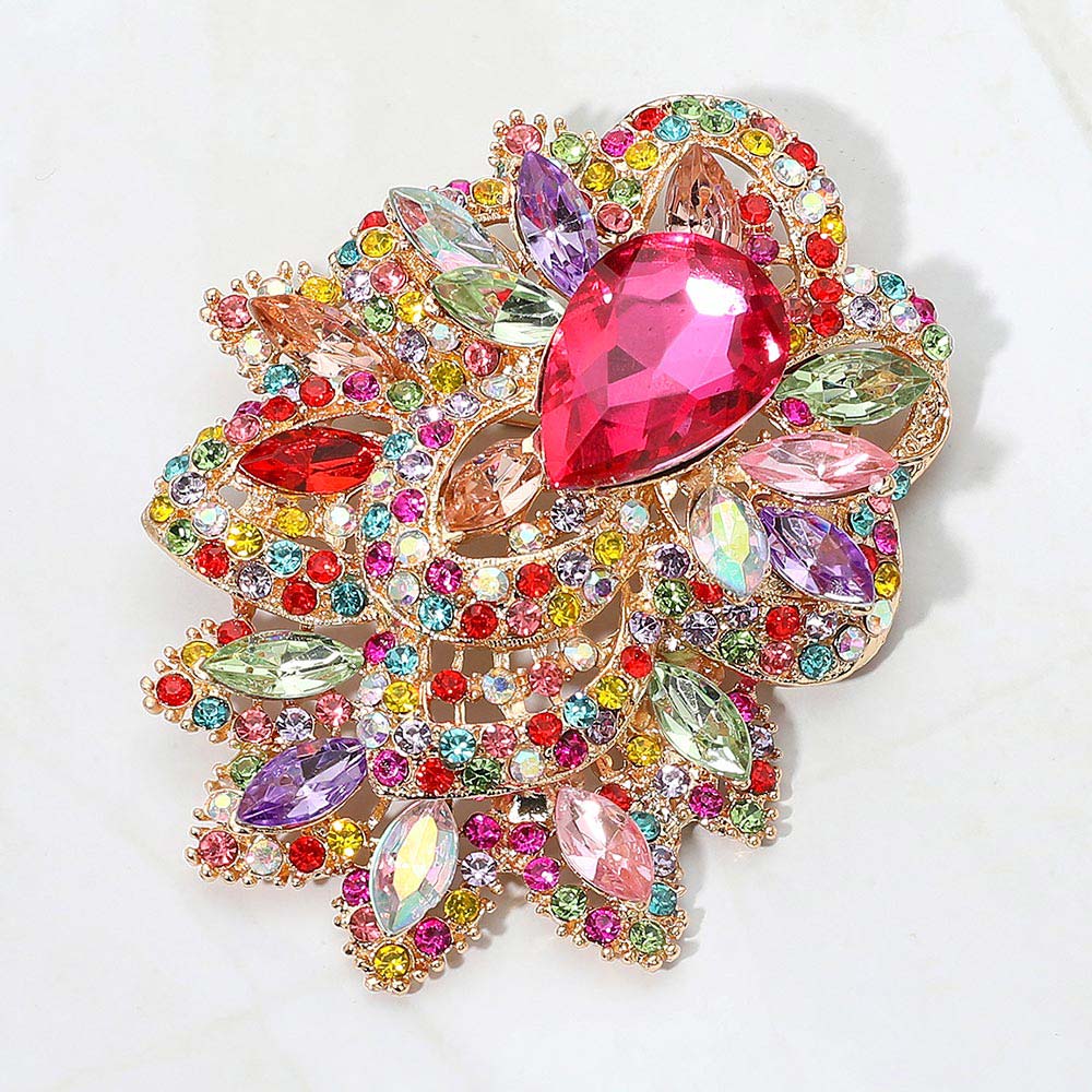 Madeline Love Gold, Multi Bold Rhinestone Flower Statement Brooch Pendant