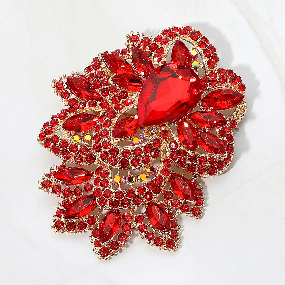 Madeline Love Gold, Red Bold Rhinestone Flower Statement Brooch Pendant - Brooches