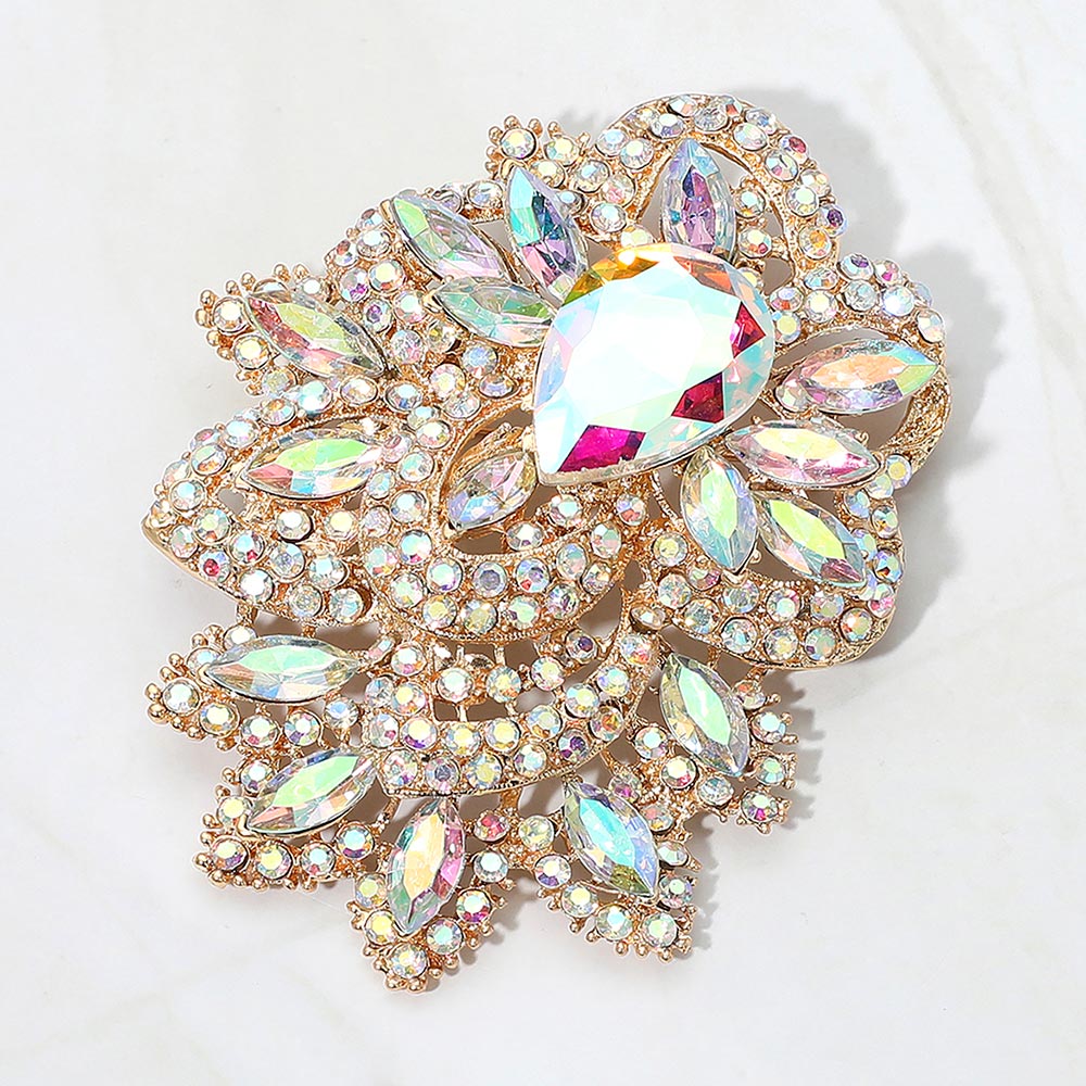 Madeline Love AB, Gold Bold Rhinestone Flower Statement Brooch Pendant - Brooches