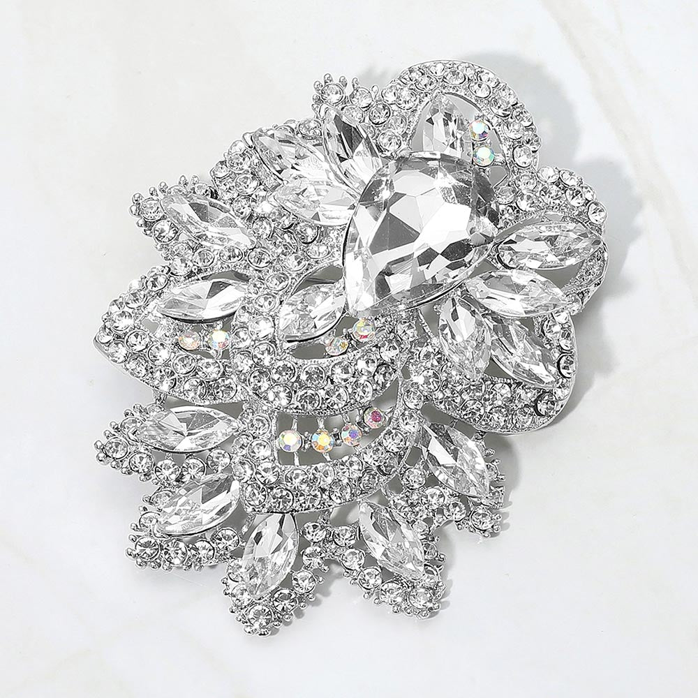 Madeline Love Clear, Silver Bold Rhinestone Flower Statement Brooch Pendant