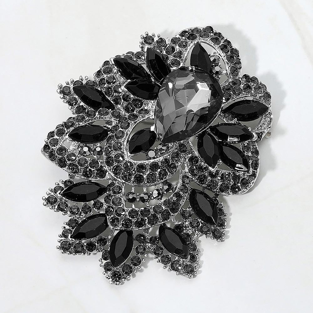 Madeline Love Jet Black, Silver Bold Rhinestone Flower Statement Brooch Pendant