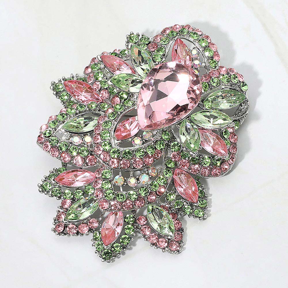 Madeline Love Pink&Green, Silver Bold Rhinestone Flower Statement Brooch Pendant