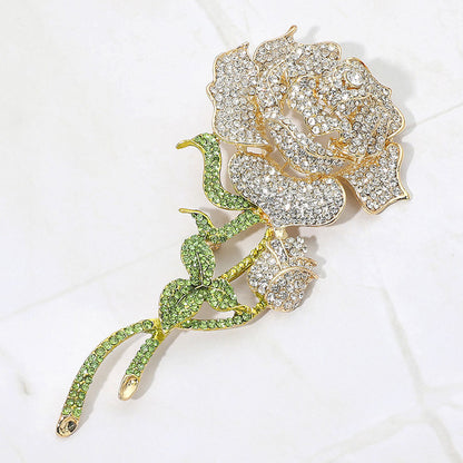 Madeline Love Clear, Gold Bold Elegant Rhinestone Rose Stem Pin Brooch - Brooches