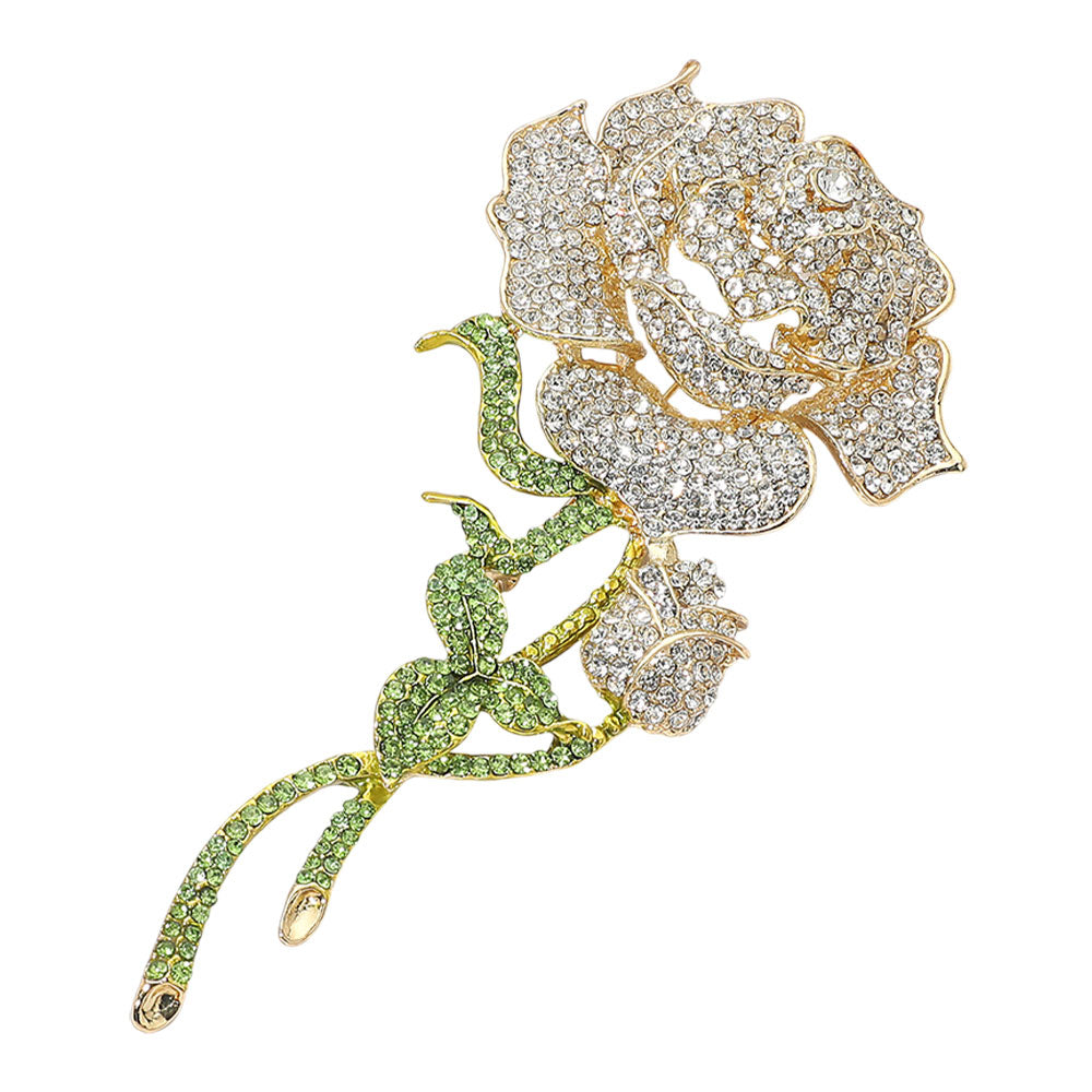 Madeline Love Clear, Gold Bold Elegant Rhinestone Rose Stem Pin Brooch - Brooches - desc