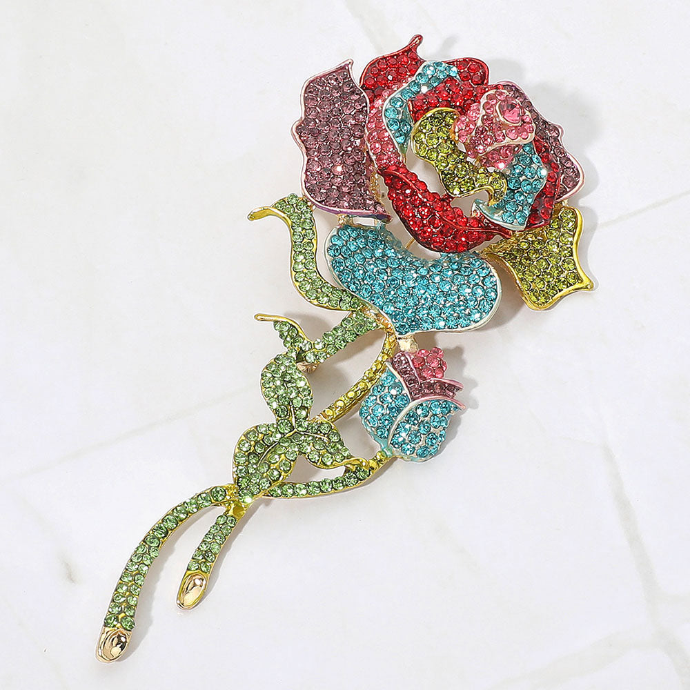 Madeline Love Gold, Multi Bold Elegant Rhinestone Rose Stem Pin Brooch - Brooches