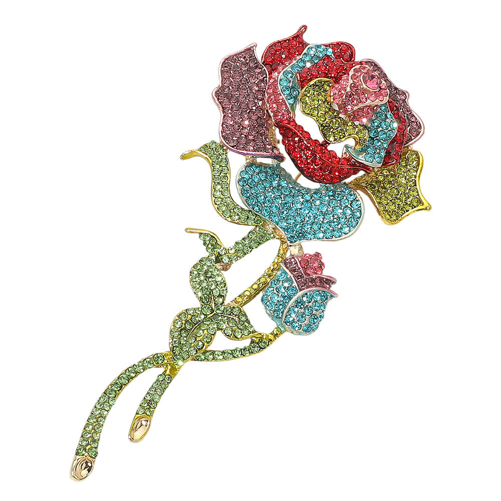 Madeline Love Gold, Multi Bold Elegant Rhinestone Rose Stem Pin Brooch - Brooches - desc