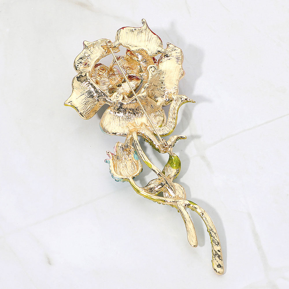 Madeline Love Gold, Multi Bold Elegant Rhinestone Rose Stem Pin Brooch - Brooches - extra