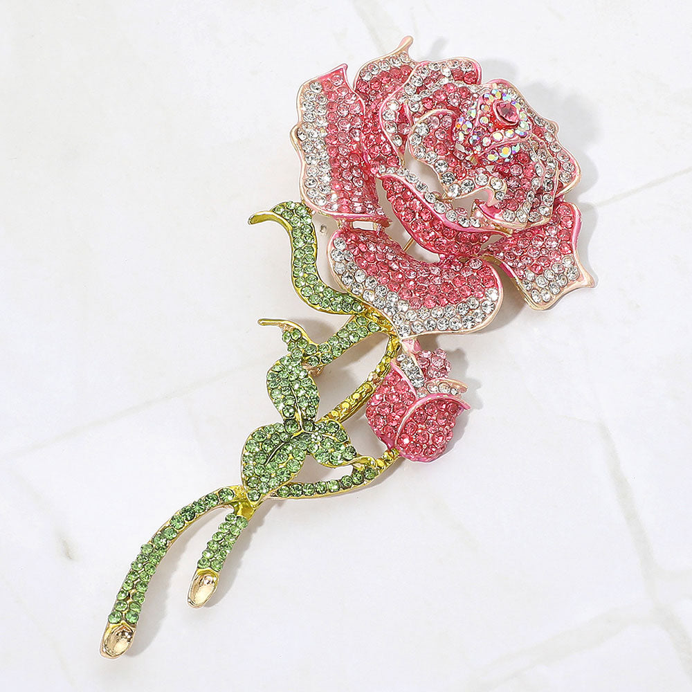 Madeline Love Gold, Pink Bold Elegant Rhinestone Rose Stem Pin Brooch - Brooches
