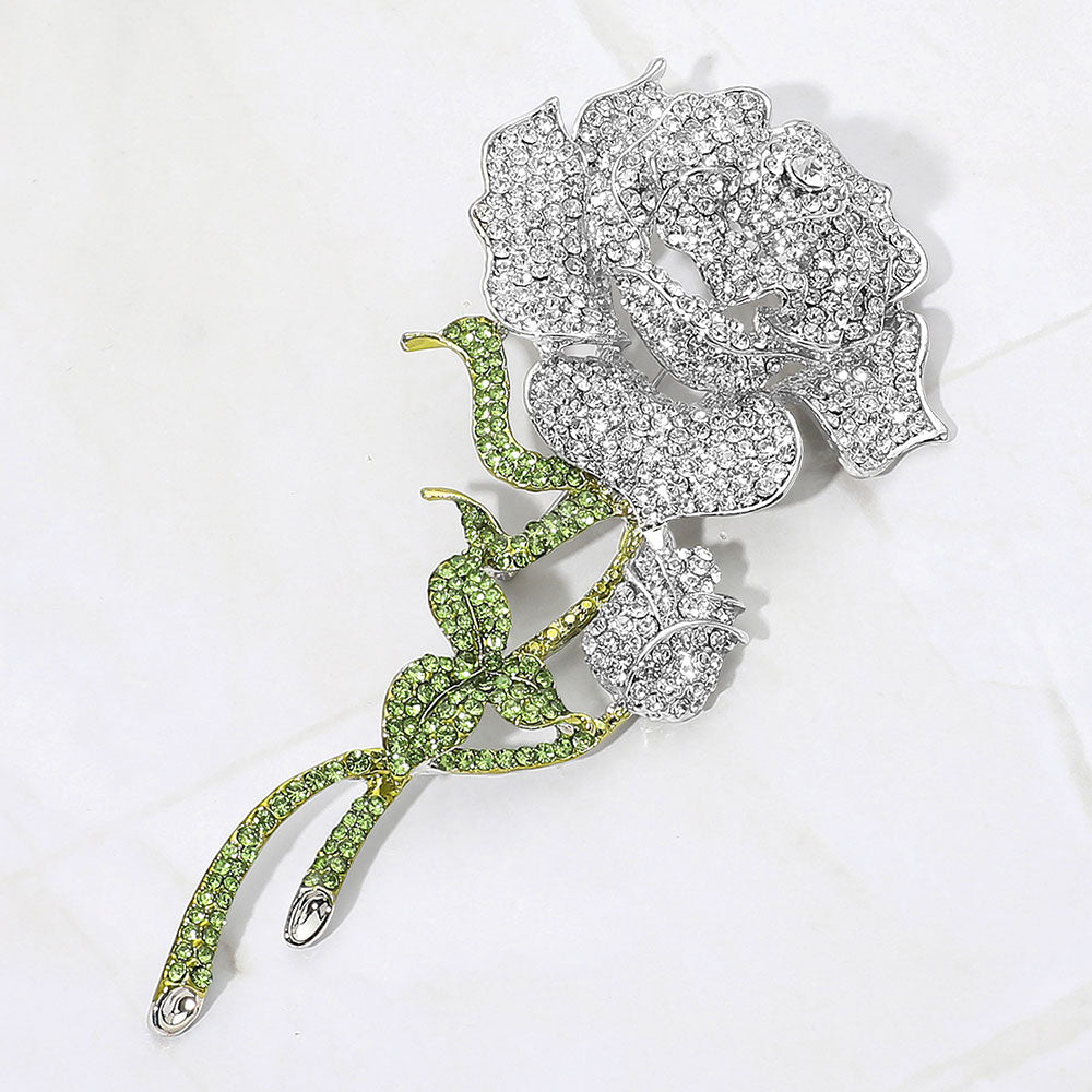 Madeline Love Clear, Silver Bold Elegant Rhinestone Rose Stem Pin Brooch - Brooches