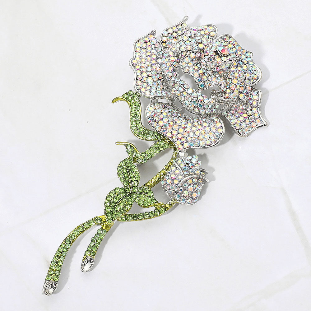 Madeline Love AB, Silver Bold Elegant Rhinestone Rose Stem Pin Brooch - Brooches