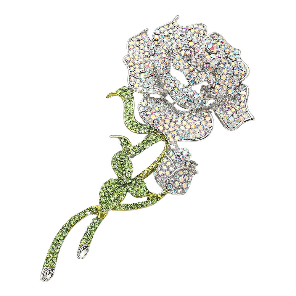 Madeline Love AB, Silver Bold Elegant Rhinestone Rose Stem Pin Brooch - Brooches - desc