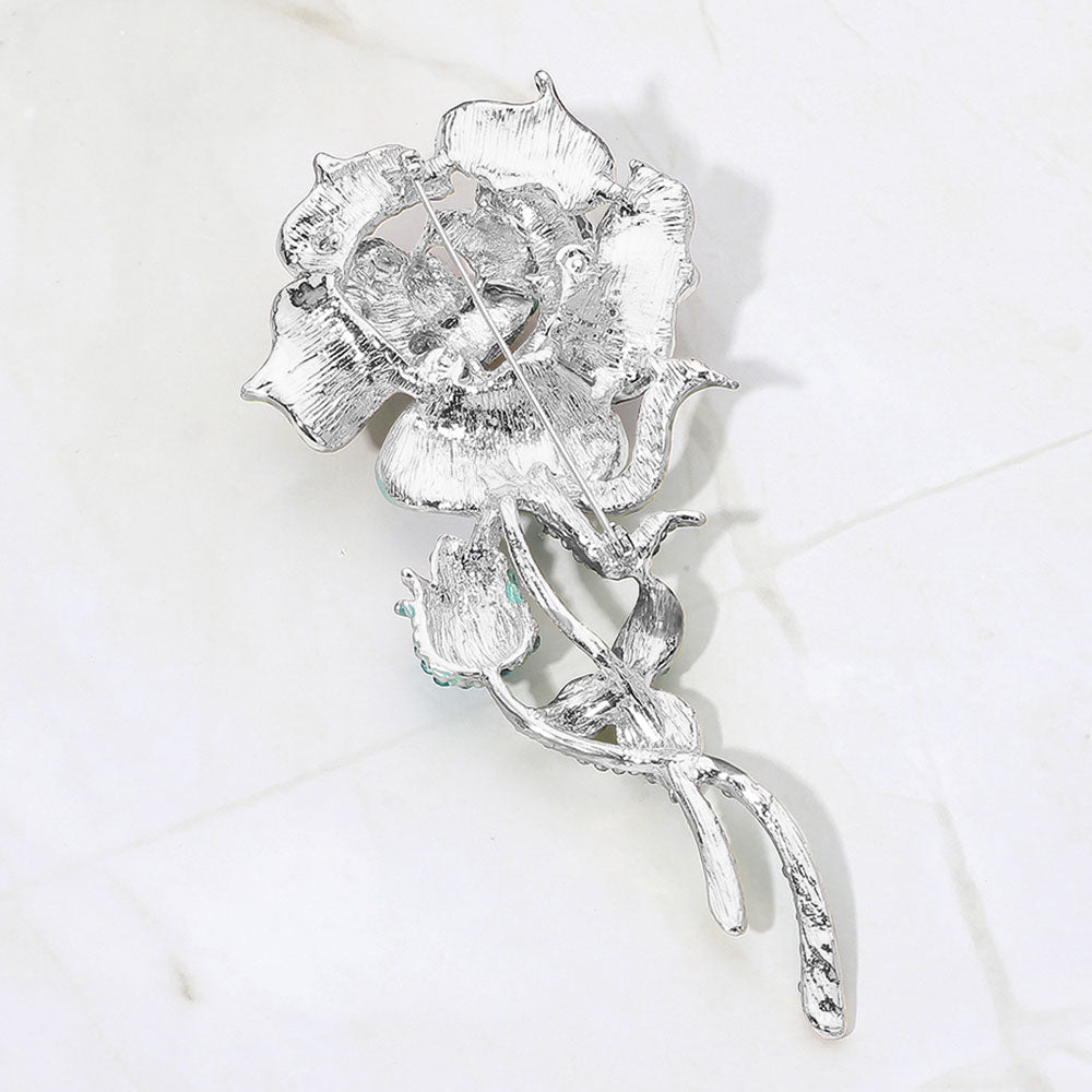 Madeline Love AB, Silver Bold Elegant Rhinestone Rose Stem Pin Brooch - Brooches - extra