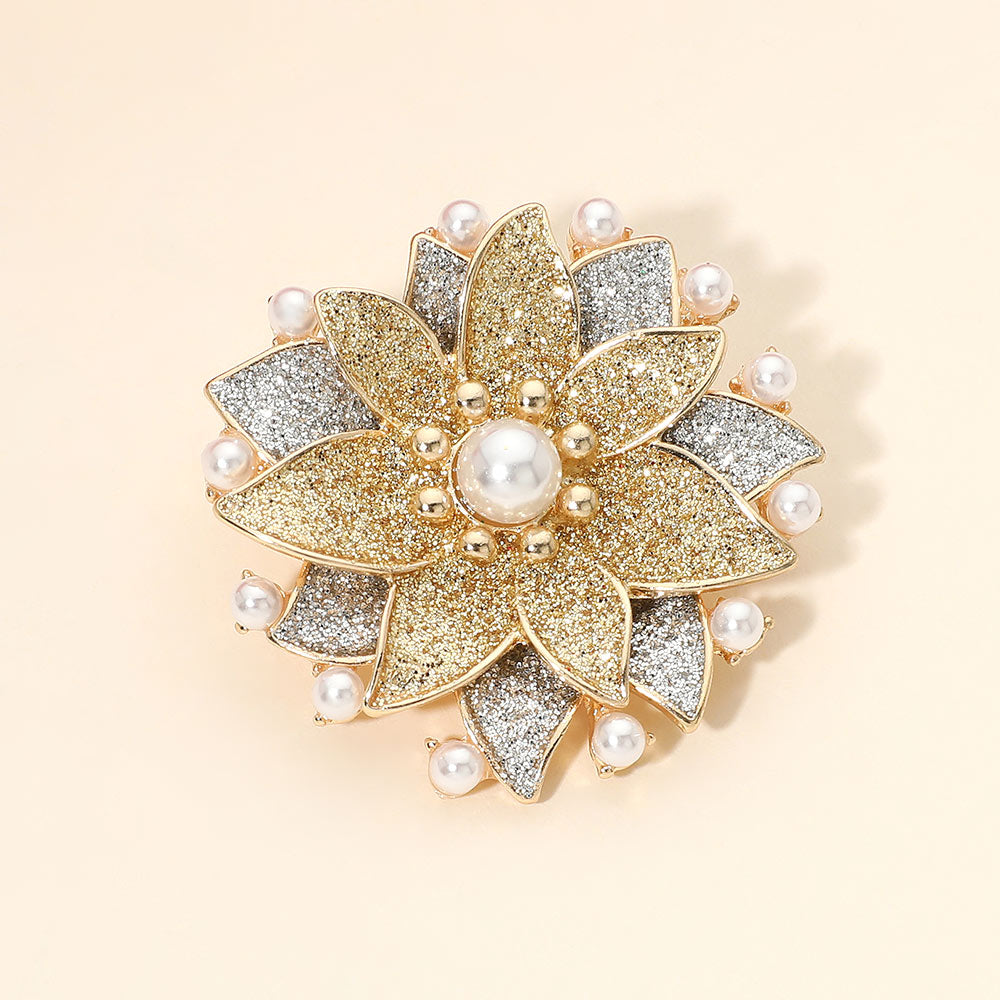 Madeline Love Gold Pearl Embellished Glitter Poinsettia Floral Pin Brooch