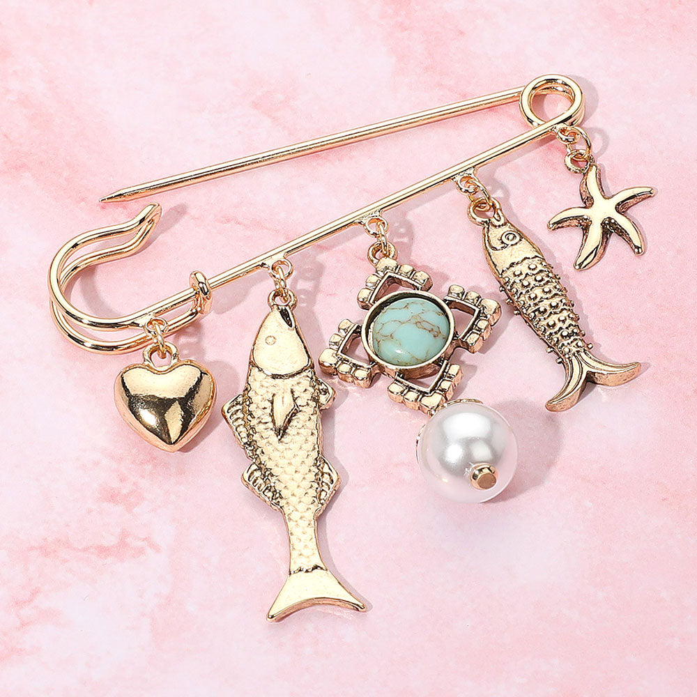 Antique Gold, Turquoise Antique Metal Fish heart Starfish Pearl Charm Embellished Safety Pin Brooch