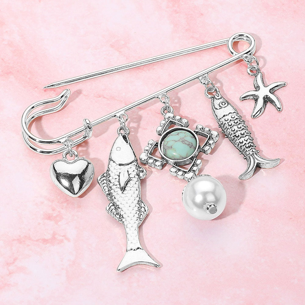 Antique Rhodium, Turquoise Antique Metal Fish heart Starfish Pearl Charm Embellished Safety Pin Brooch