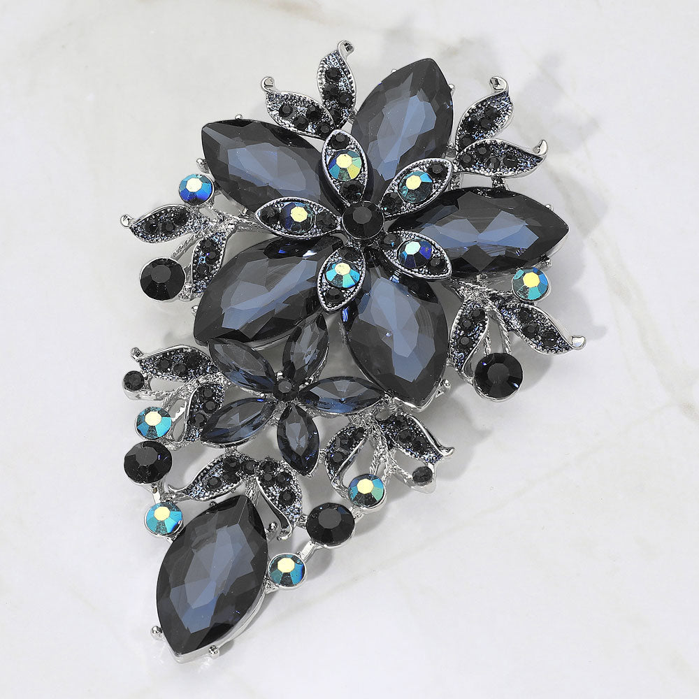 Madeline Love Navy, Rhodium Glass Crystal Flower Cluster Bouquet Pin Brooch
