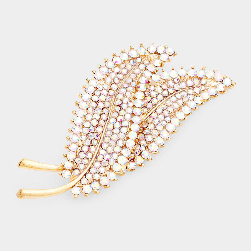 Madeline Love AB, Gold Rhinestone Pave Double Leaf brooch - Brooches