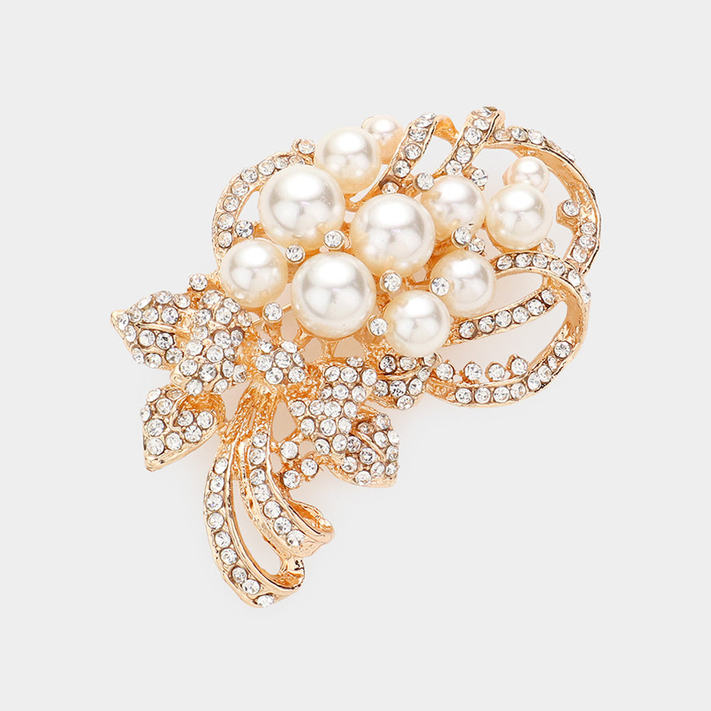 Madeline Love Cream, Gold Pearl Embellished Bouquet Pin Brooch - Brooches