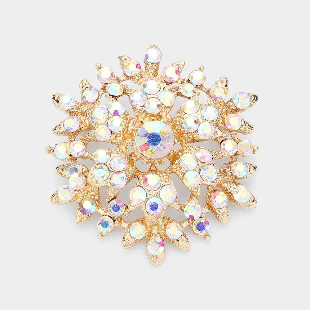 Madeline Love AB, Clear, Gold Bubble Stone Cluster Snowflake Pin Brooch - Brooches