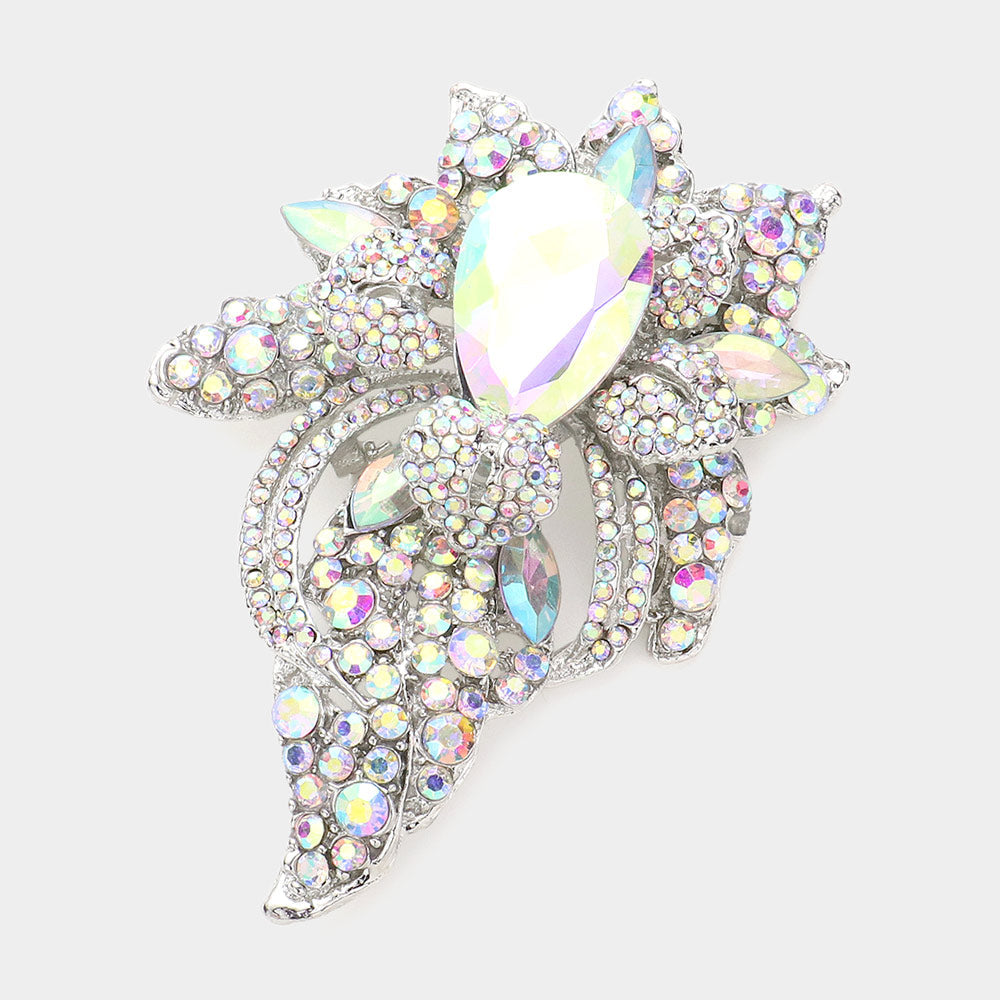 Madeline Love AB, Silver Floral Crystal Pave Bouquet Brooch Pendant - Brooches