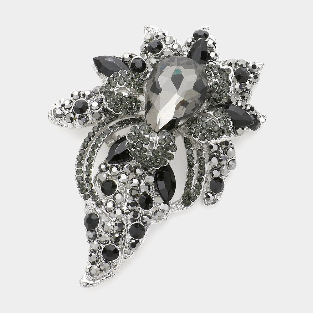 Madeline Love Black Diamond, Hematite Floral Crystal Pave Bouquet Brooch Pendant