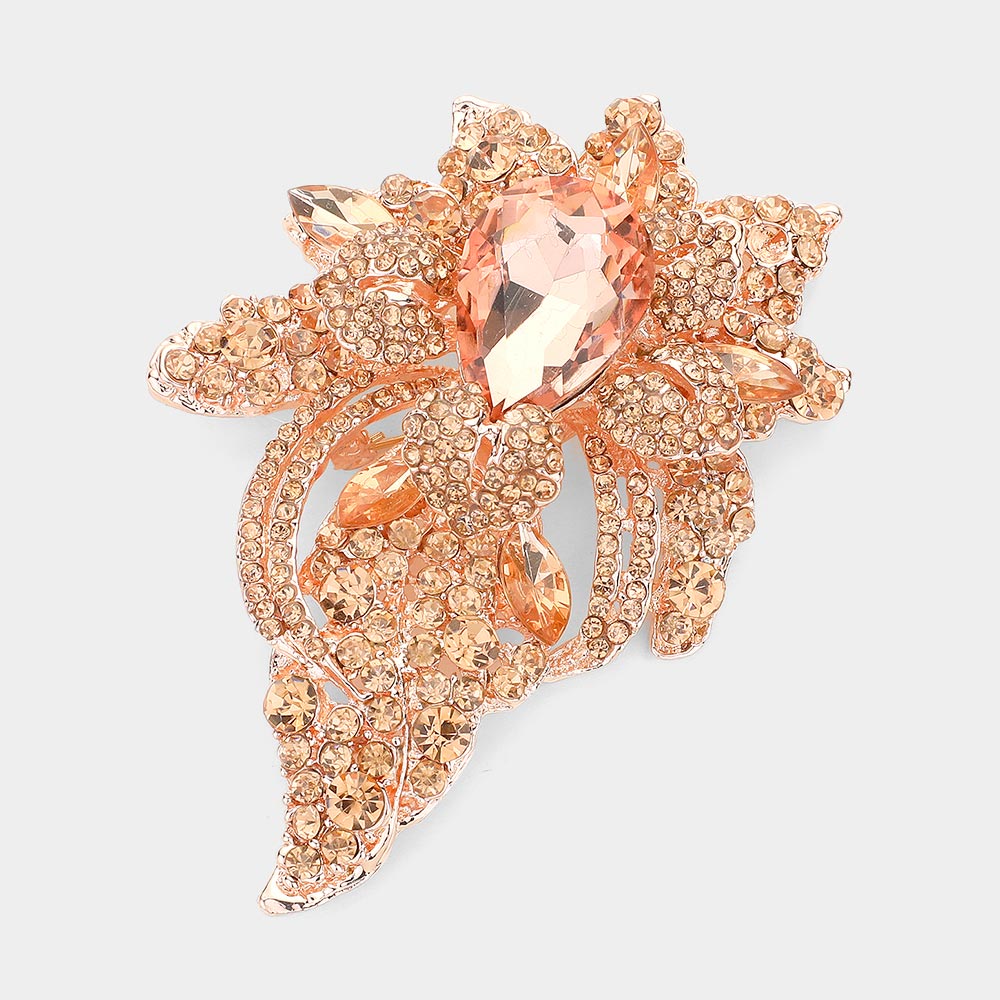 Madeline Love Peach, Rose Gold Floral Crystal Pave Bouquet Brooch Pendant - Brooches