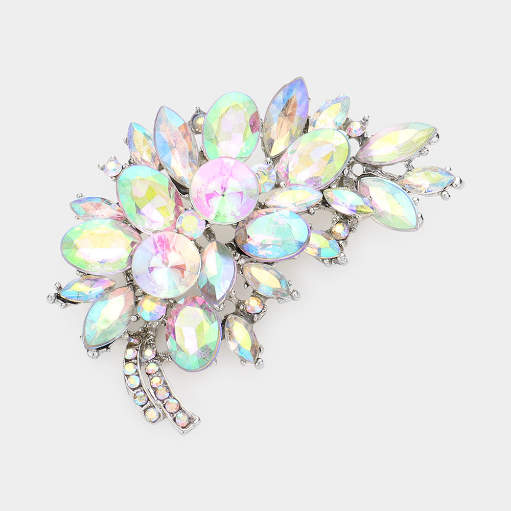 Madeline Love AB, Silver Glass Crystal Leaf Pin Brooch - Brooches