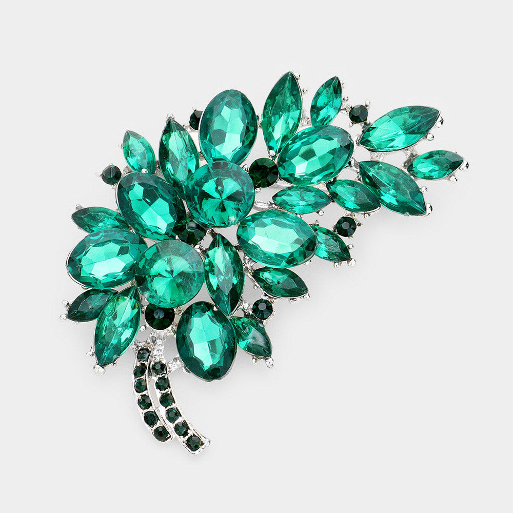Madeline Love Emerald, Rhodium Glass Crystal Leaf Pin Brooch - Brooches