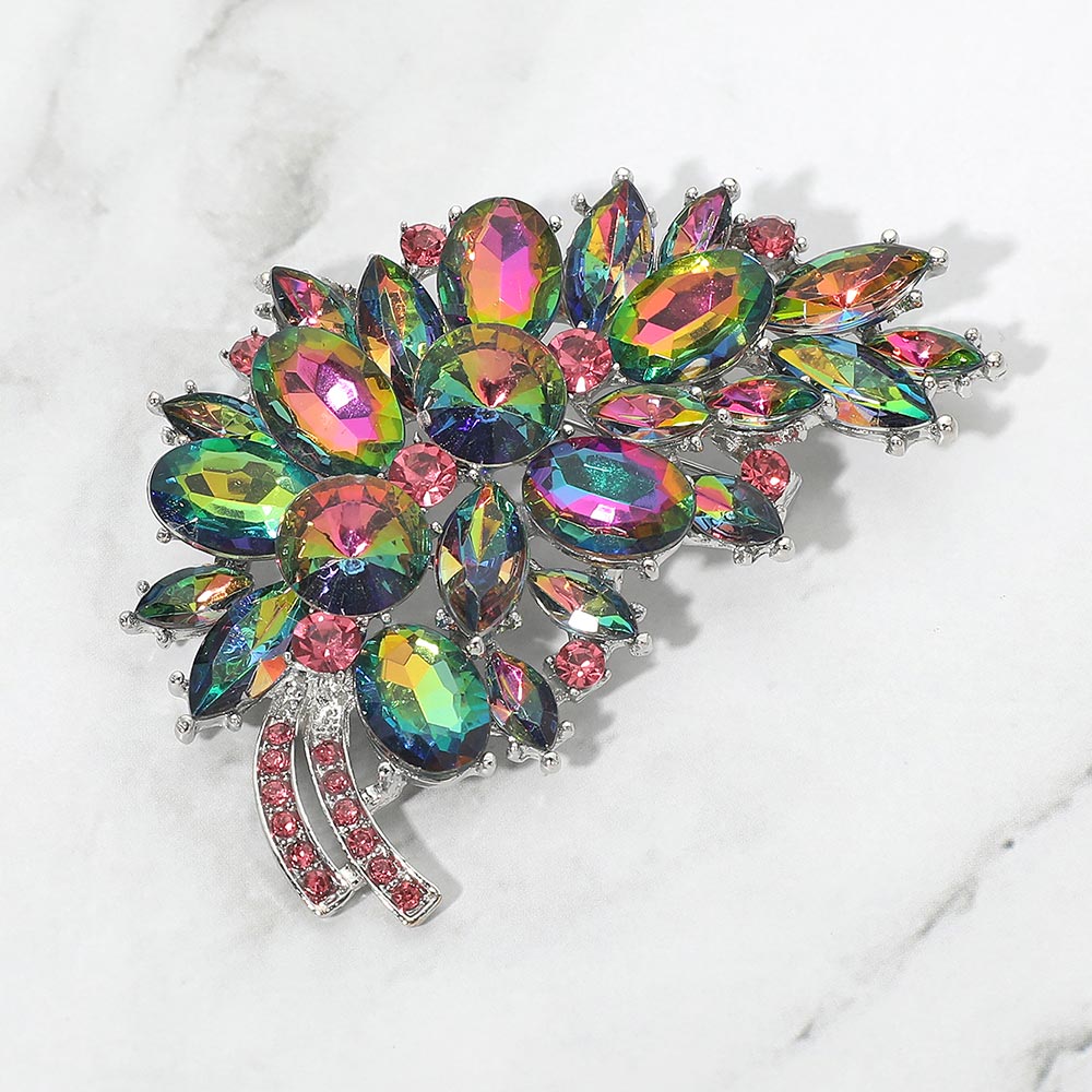 Madeline Love Gold, Vitrail Medium Glass Crystal Floral Leaf Bouquet Pin Brooch