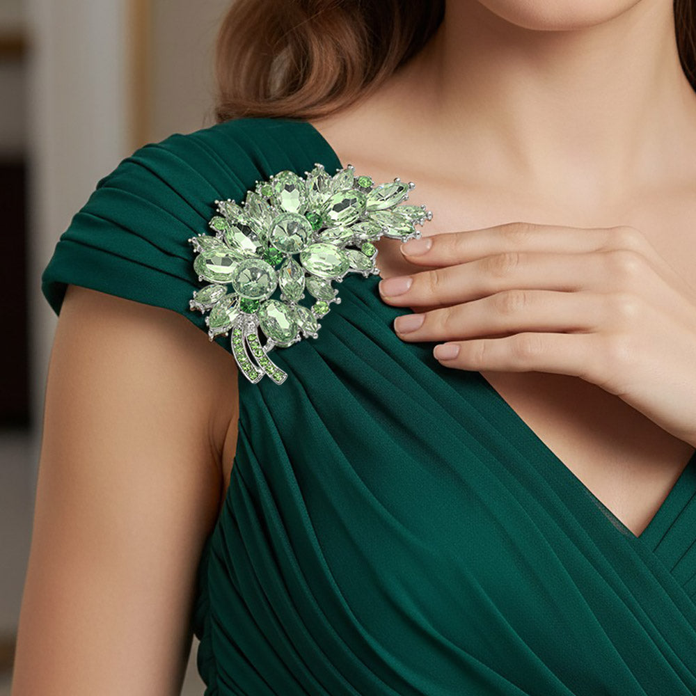 Madeline Love Green Glass Crystal Floral Leaf Bouquet Pin Brooch