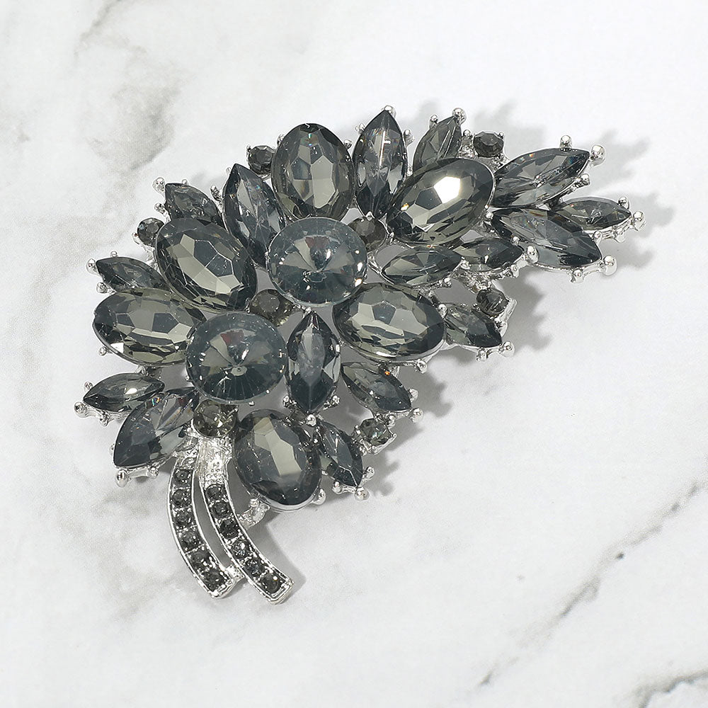 Madeline Love Black, Hematite Glass Crystal Floral Leaf Bouquet Pin Brooch