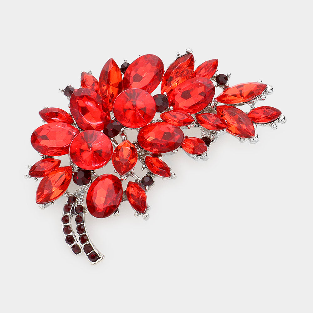 Madeline Love Red Glass Crystal Floral Leaf Bouquet Pin Brooch
