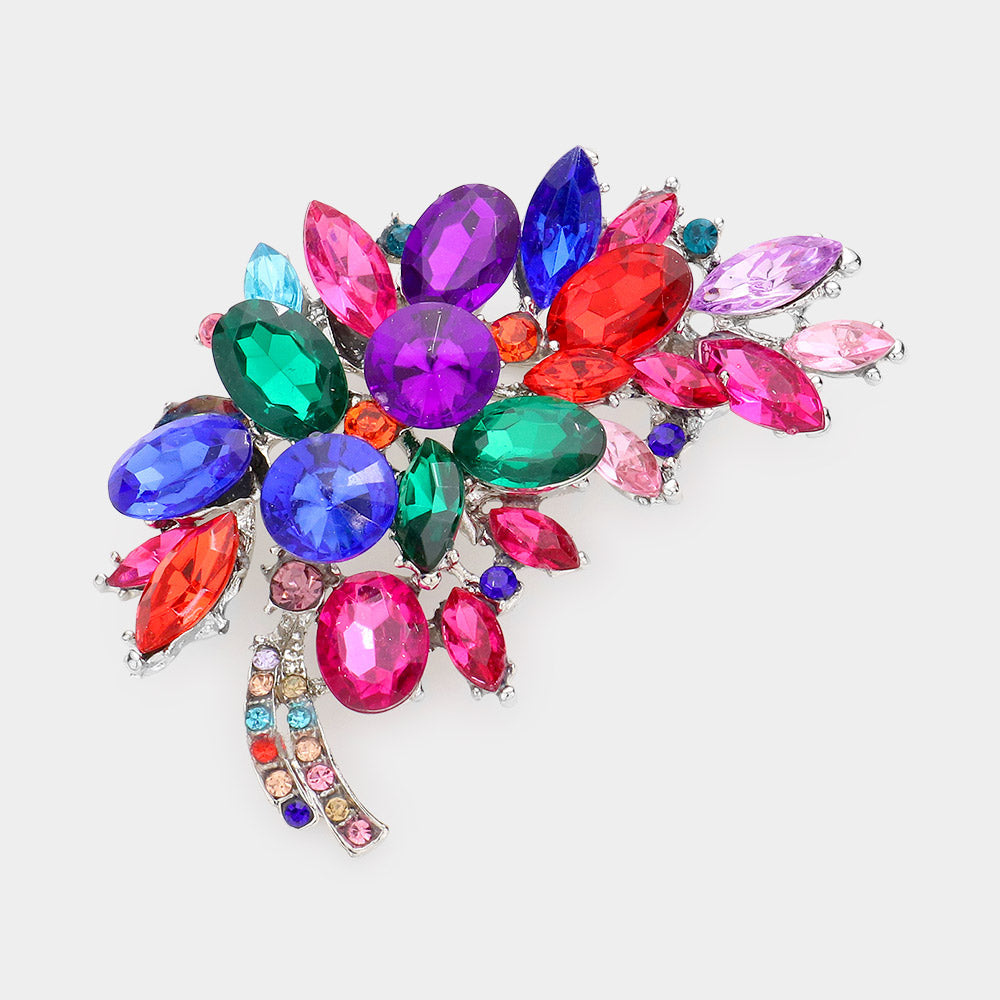 Madeline Love Multi, Silver Glass Crystal Leaf Pin Brooch - Brooches