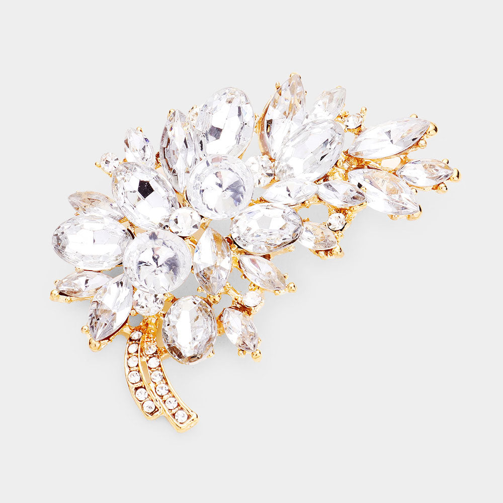 Madeline Love Gold Glass Crystal Floral Leaf Bouquet Pin Brooch