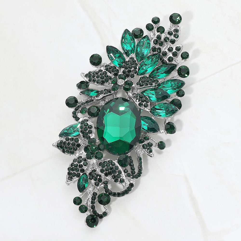 Madeline Love Emerald, Silver Floral Crystal Rhinestone Pin Brooch