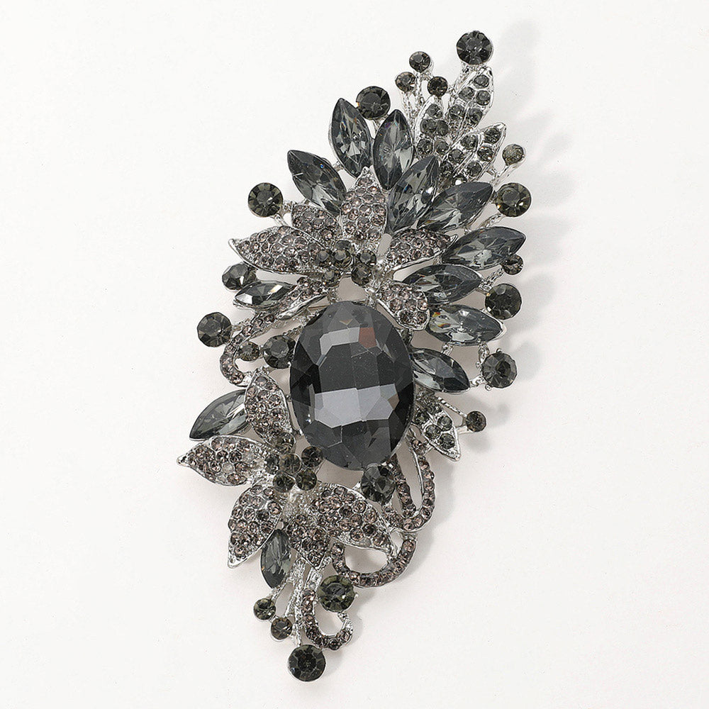 Madeline Love Black, Silver Floral Crystal Rhinestone Brooch / Pendant - Brooches