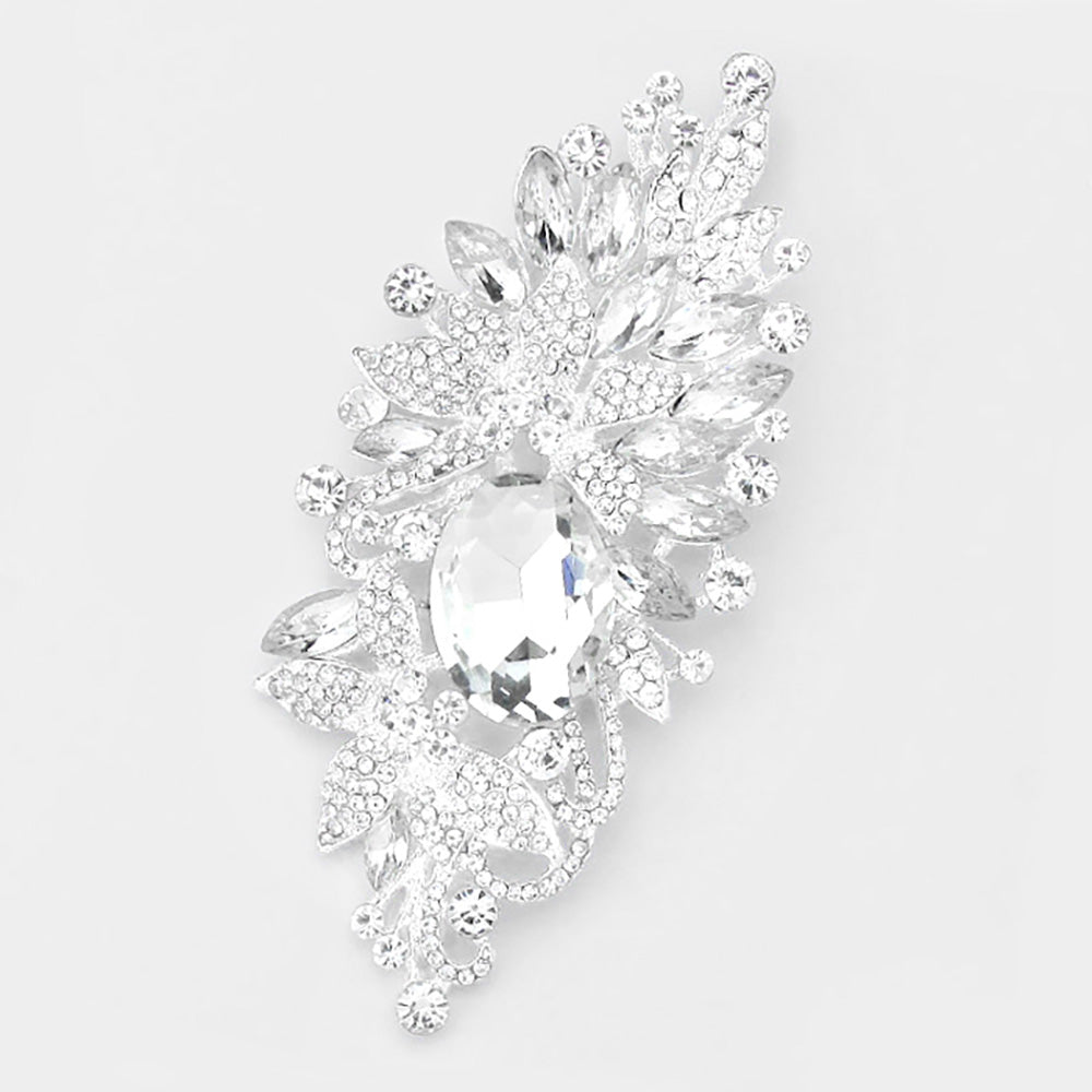 Madeline Love Clear, Silver Floral Crystal Rhinestone Brooch / Pendant - Brooches
