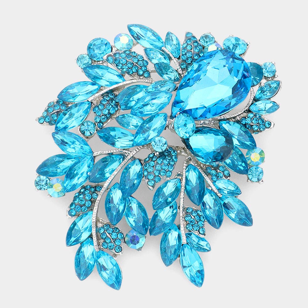 Madeline Love Aqua Floral Crystal Rhinestone Bouquet Brooch / Pendant - Brooches