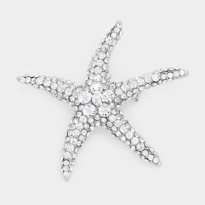 Silver Stone Paved Starfish Pin Brooch