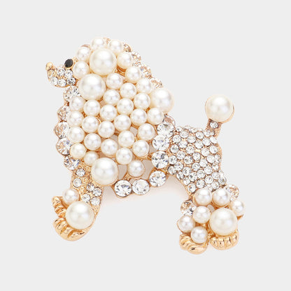 Madeline Love Clear, Cream, Gold Crystal Pearl Poodle Brooch - Brooches