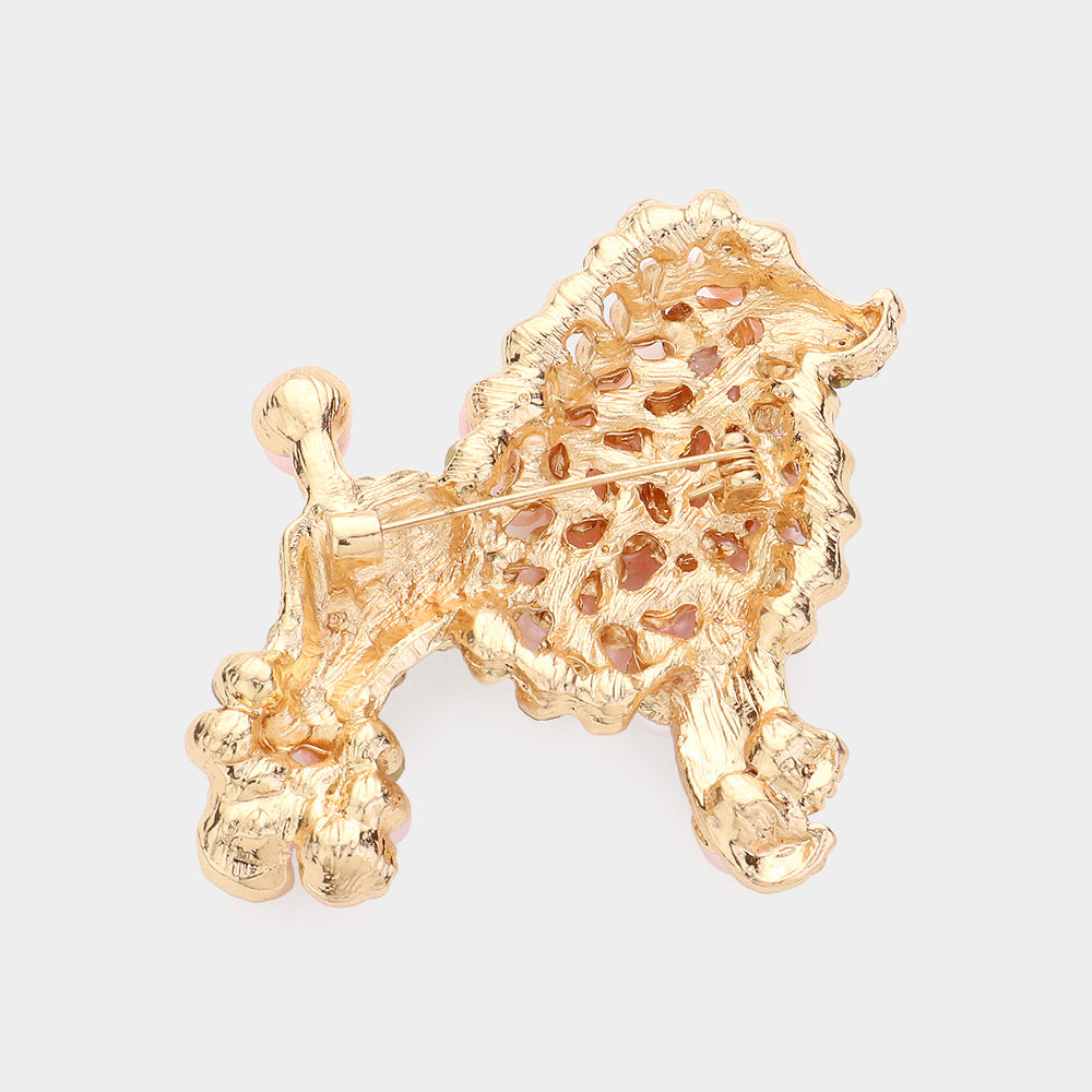 Madeline Love Clear, Cream, Gold Crystal Pearl Poodle Brooch - Brooches - desc