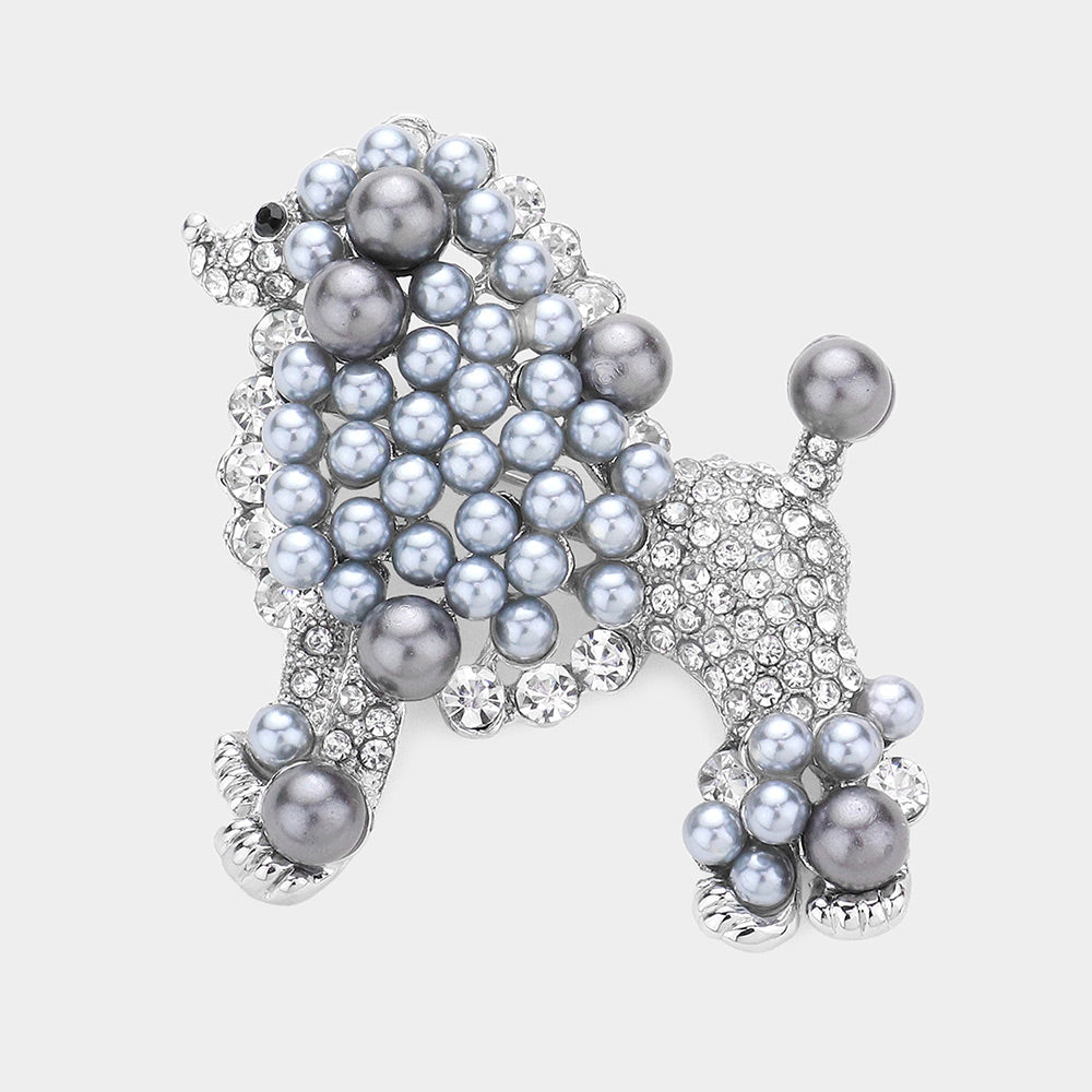 Madeline Love Gray, Hematite Crystal Pearl Poodle Brooch - Brooches